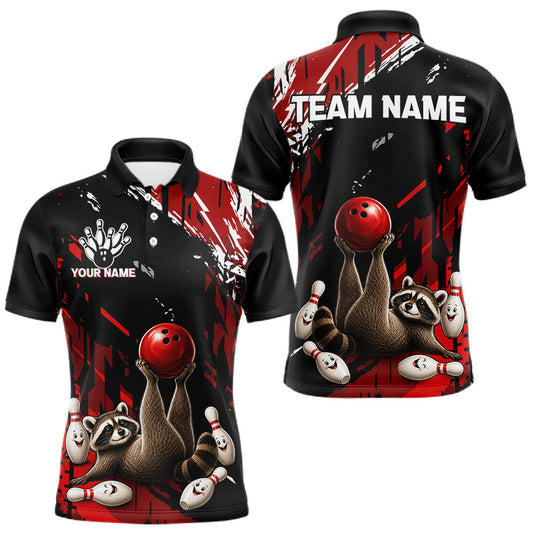 Maxcorners Funny Raccoon Mens Bowling Shirt Custom Red And Black Bowling Team Jersey For Bowlers