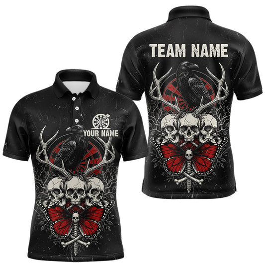 Maxcorners Red Skulls Butterfly Grunge Dartboard Custom Darts Polo Shirt For Men Retro Dart Gifts