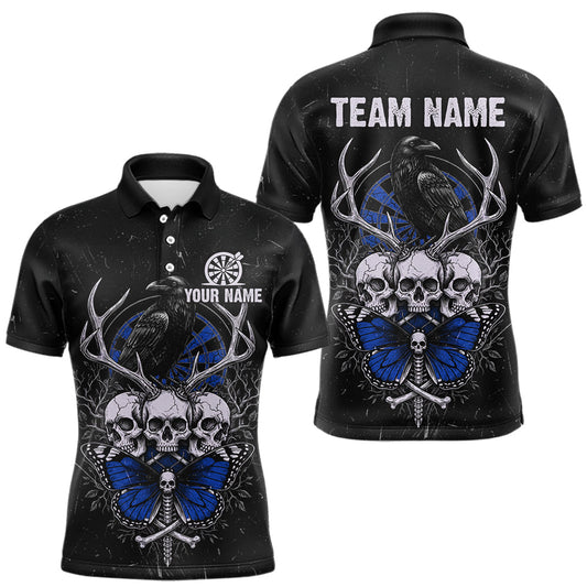 Maxcorners Blue Skulls Butterfly Grunge Dartboard Custom Darts Polo Shirt For Men Retro Dart Gifts