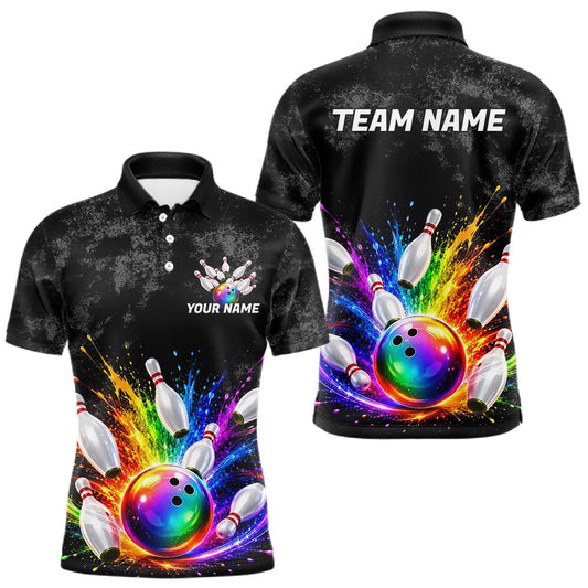 Maxcorners Rainbow Splatter Bowling Ball & Pins Shirt For Men Custom Colorful Paint Bowling Team Outfits LM2806