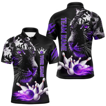 Maxcorners Personalized Horror Tiger Bowling Shirts For Men Purple Flaming Tiger Team Bowling Jerseys LM2704