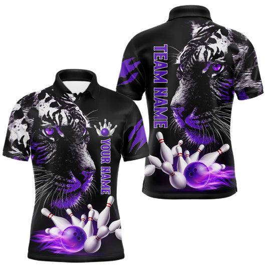 Maxcorners Personalized Horror Tiger Bowling Shirts For Men Purple Flaming Tiger Team Bowling Jerseys LM2704