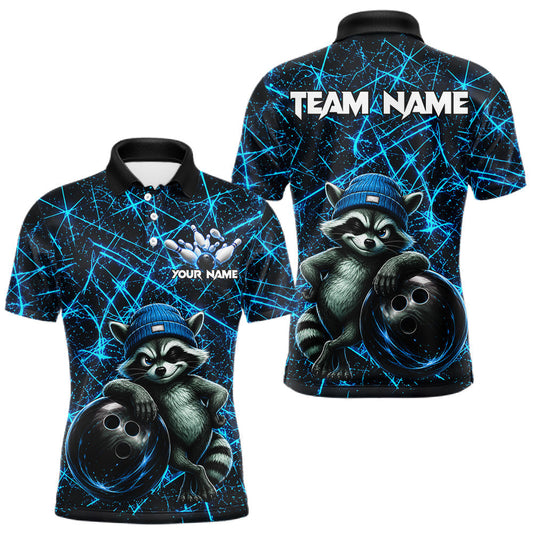 Maxcorners Funny Cool Raccoon Bowling Ball Shirt For Men Custom Lightning Neon Blue Team Jersey Bowling League LM2306