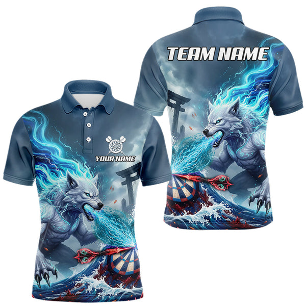 Maxcorners Custom Red & Blue Flames Wolf Dartboard Dart Men Polo Jerseys Outfits Dart Team Shirts LM3010