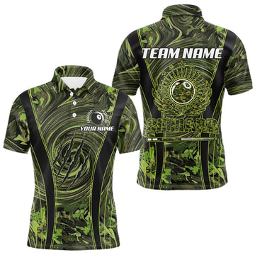 Maxcorners Green Camo 8 Ball Billiard Polo & 1/4 Zip Shirt For Men Custom Pool Team Shirt, Billiard Clothes