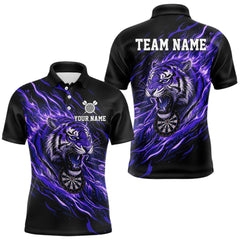 Maxcorners Purple Flaming Tiger Funny Darts Custom Men's Dart Polo Shirts Team Dart League Jerseys