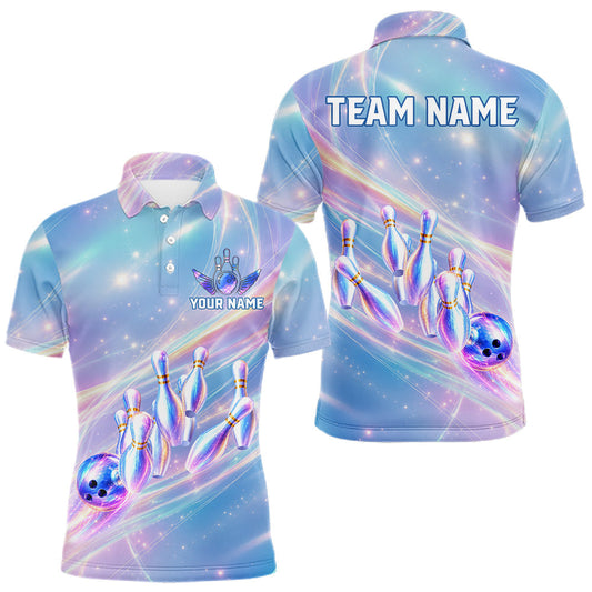 Maxcorners Holographic Bowling Ball & Pins Shirt For Men Custom Rainbow Galaxy Polo Quarter-Zip Bowling Jersey