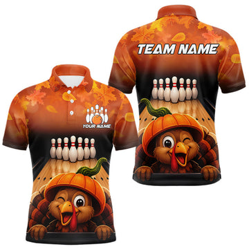 Maxcorners Personalized Funny Turkey Autumn Bowling Shirts For Men Thanksgiving Bowling Team Polo 1/4-Zip Shirt LM0208