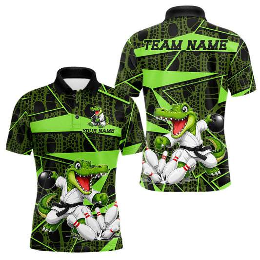 Maxcorners Funny Crocodile Mens Bowling Shirt Custom Green Skin Crocodile Polo Quarter-Zip Bowling Team Attire LM0607