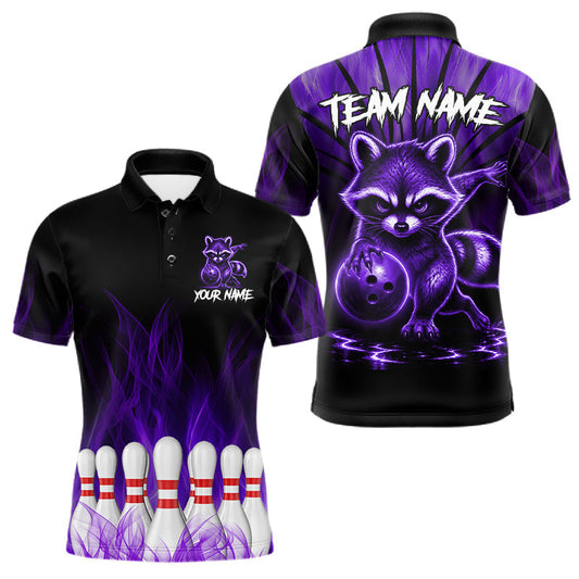 Maxcorners Purple Flames Custom Funny Raccoon Mens Bowling Shirts Bowling Team Shirt For Bowlers