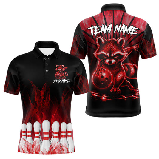 Maxcorners Red Flames Custom Funny Raccoon Mens Bowling Shirts Bowling Team Shirt For Bowlers