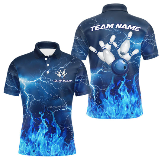 Maxcorners Custom Mens Bowling Thunder Lightning Shirts, Fire Flame Bowling Team Jerseys | Blue