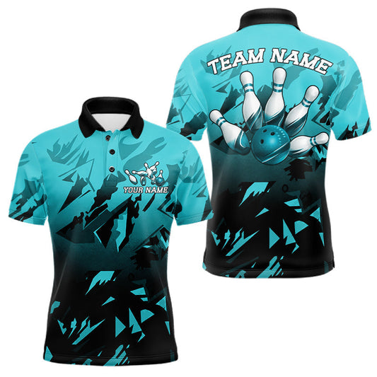 Maxcorners Custom Black & Turquoise Strike Bowling Shirts For Men, Team Bowling Tournament Jerseys LM0607