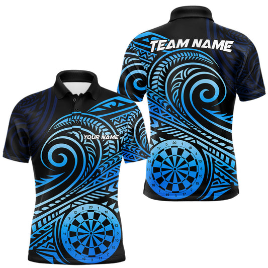 Maxcorners Black Blue Tribal Pattern Men Darts Polo & 1/4 Zip Shirt Personalized Tribal Dart Team Appeal LM0404