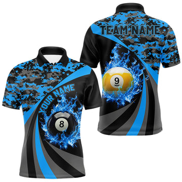 Maxcorners Flame 8 Ball & 9 Ball Billiard Pool Shirt For Men Custom Black And Blue Camo Billiard Team Attire
