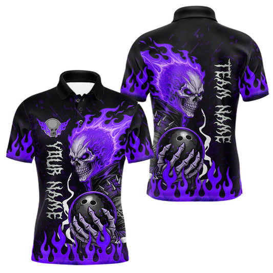 Maxcorners Custom Purple Flames Skull Bowling Shirts For Men, Bowling Team League Jerseys Polo, 1/4 Zip Shirts LM0607