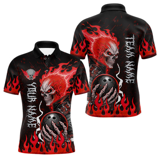 Maxcorners Custom Red Flames Skull Bowling Shirts For Men, Bowling Team League Jerseys Polo, 1/4 Zip Shirts LM0607