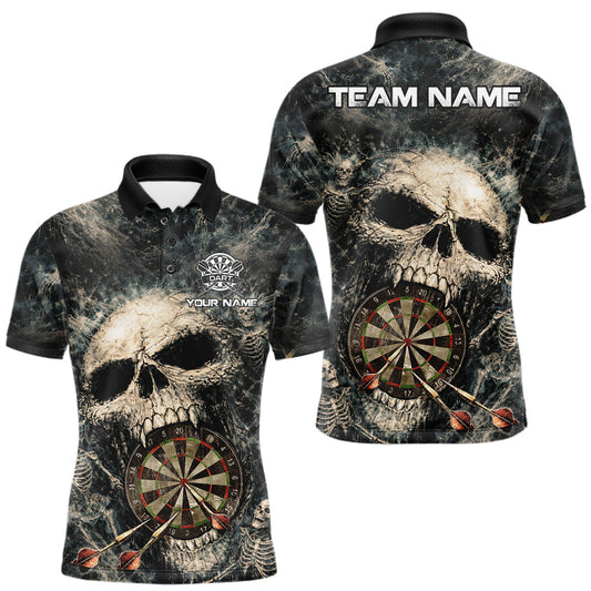 Maxcorners Grunge Horror Grey Skull Vintage Dartboard & Arrow Men Darts Polo Shirt Custom Dart League Shirts LM1202