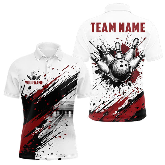 Maxcorners Black And Red Splatter Paint Bowling Ball & Pins Shirts Custom Team Bowling Attire For Men LM0706