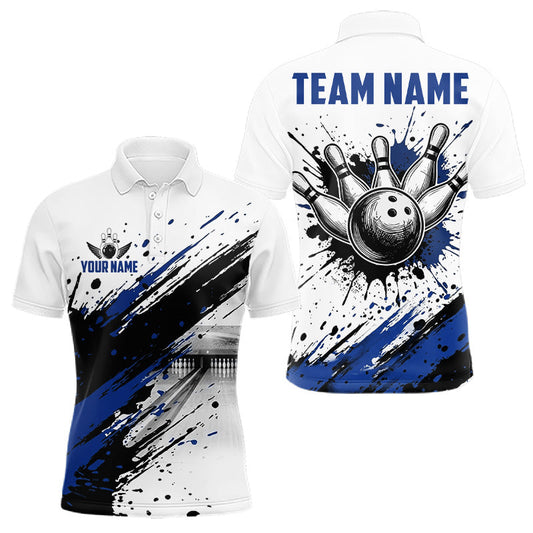 Maxcorners Black And Blue Splatter Paint Bowling Ball & Pins Shirts Custom Team Bowling Attire For Men LM0706
