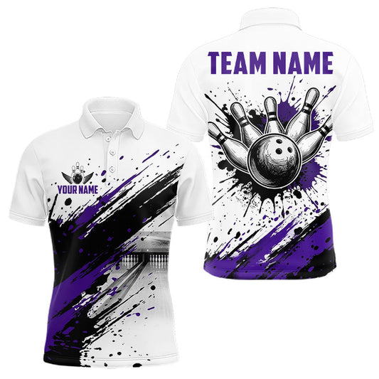 Maxcorners Black And Purple Splatter Paint Bowling Ball & Pins Shirts Custom Team Bowling Attire For Men LM0706