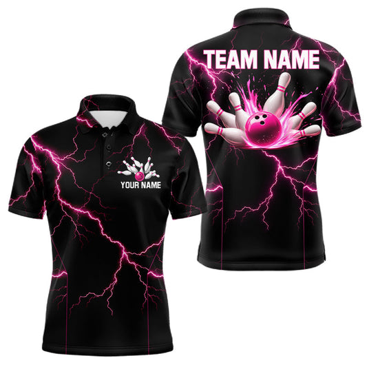 Maxcorners Thunder Lightning Men Bowling Shirt Custom Pink Splatter Bowling Ball & Pins Team Shirts LM1005