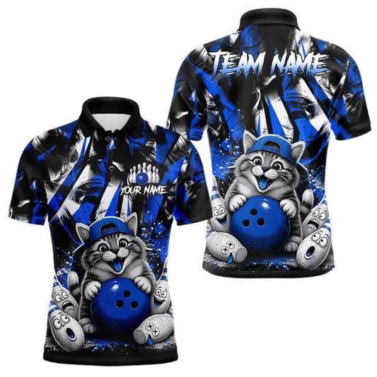 Maxcorners Funny Cat Blue & White Grunge Bowling Jersey For Men Custom Bowling Tournament Bowling Team Shirts LM1005