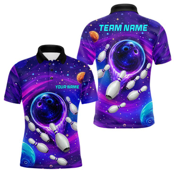 Maxcorners Mens Bowling Polo 1/4-Zip Shirts Custom Purple Blue Abstract Bowling Team Jerseys, Bowling Gifts
