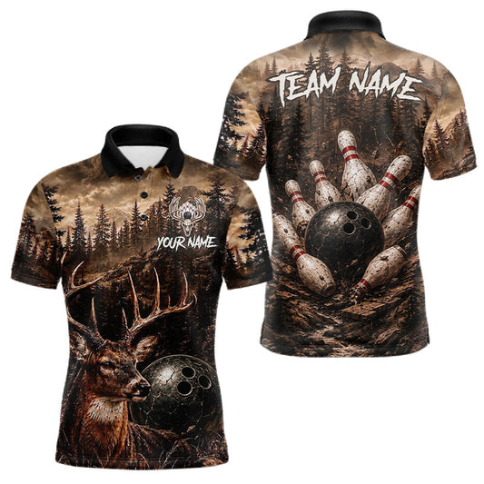 Maxcorners Funny Deer Bowling Shirts For Men Custom Grunge Forest Polo & 1/4 Zip Bowling Team Jersey | Brown LM1406