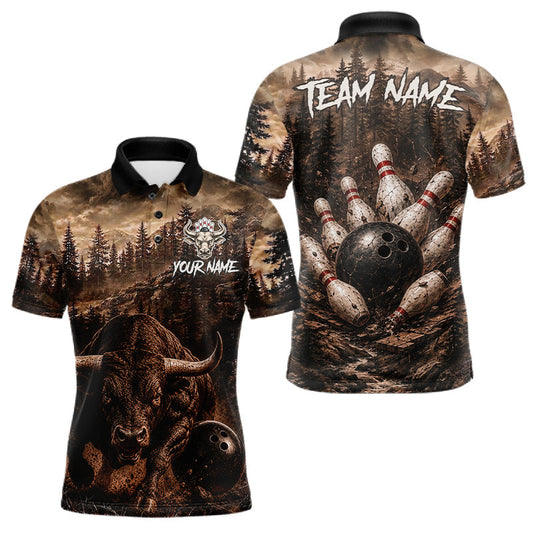 Maxcorners Funny Bull Bowling Shirts For Men Custom Grunge Forest Polo & 1/4 Zip Bowling Team Jersey