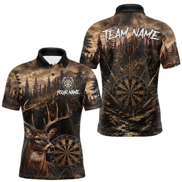 Maxcorners Funny Deer Dart Polo Quarter-Zip Shirt For Men Custom Brown Grunge Forest Dart Tournament Jersey, Team Jersey Polo & Quarter Zip LM2607