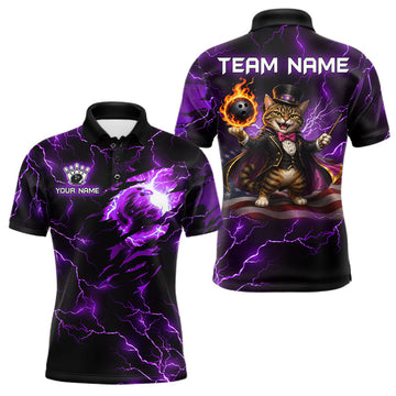 Maxcorners Magician Cat Flame Bowling Ball Funny Bowling Shirt For Men Custom Purple Thunder Bowling Team Jersey