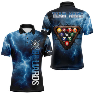 Maxcorners Thunder Lightning Blue Billiard Shirts For Men Custom Cracked 8 Ball Pool Billiard Team Jerseys LM1005