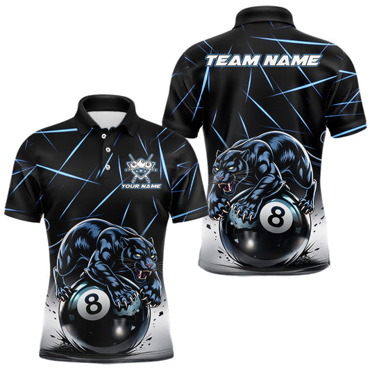 Maxcorners Blue Funny Panther 8 Ball Pool Polo & 1/4-Zip Team Shirt For Men Custom 3D Billiards Ball Apparel