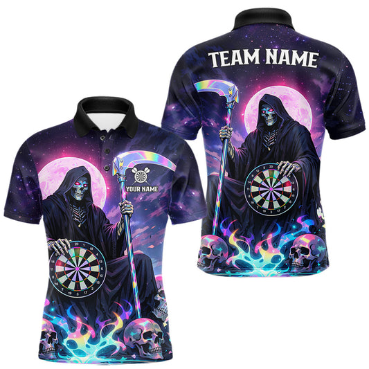 Maxcorners Galaxy Holographic Grim Reaper Dartboard Skull Dart Polo Shirts For Men Custom Name For Dart Players LM1202