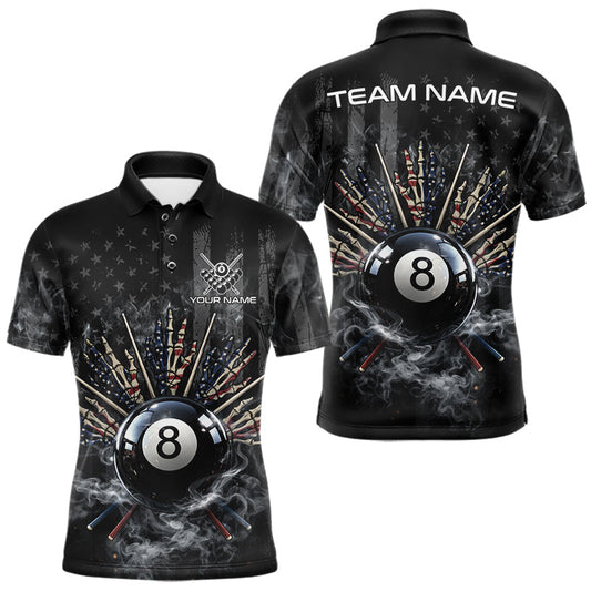 Maxcorners US Flag Grey Smoke Skull Bone 8 Ball Men Billiards Shirt Personalized Pool Balls Billiard Team Names LM1202