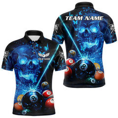 Maxcorners Blue Skull Thunder Pool 8 Ball Men's Billiard Polo & 1/4-Zip Shirt Custom Billiards Team Appare LM1501