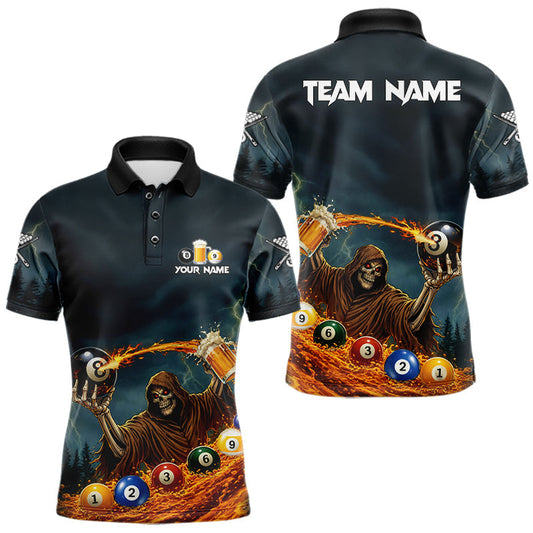 Maxcorners Funny Grim Reaper Play Beer & Pool 8 Ball Men's Billiard Team Shirt Custom Billiard Attire LM1501