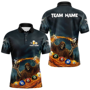 Maxcorners Funny Grim Reaper Play Beer & Pool 8 Ball Men's Billiard Team Shirt Custom Billiard Attire
