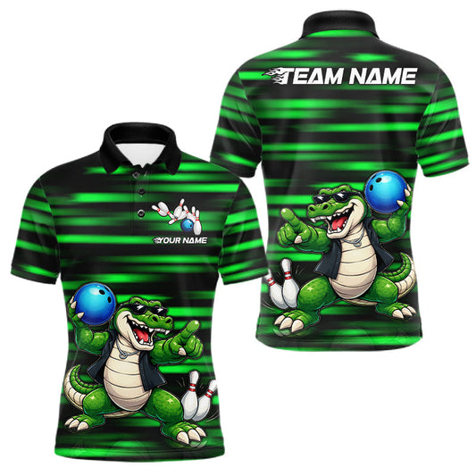 Maxcorners Funny Crocodile Bowling Jersey For Men Personalized Green Strike Lightning Team Bowling Attire LM1705