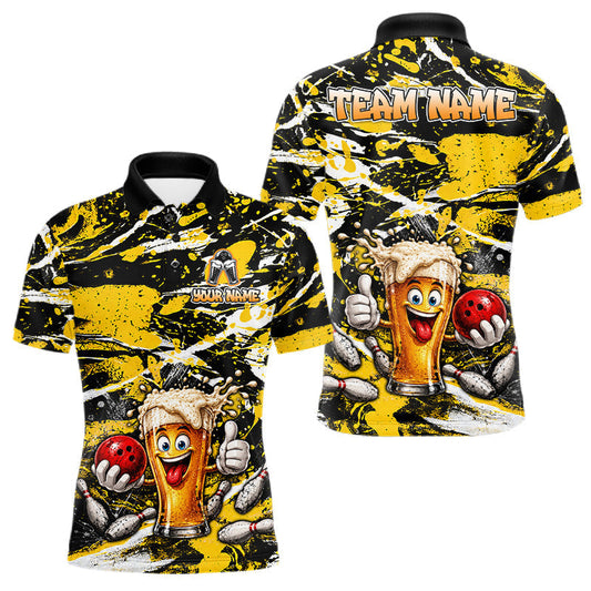 Maxcorners Yellow, White And Black Splatter Funny Beer Bowling Shirt For Men Custom Outfit Bowling Jersey LM1705