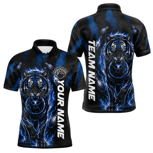 Maxcorners Custom Fire Flame Tiger Bowling Shirt For Men, Black And Blue Claws Bowling Team Uniforms LM1406