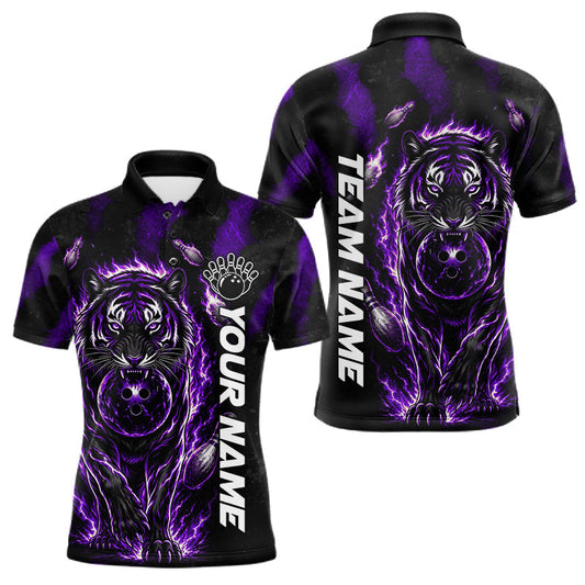 Maxcorners Custom Fire Flame Tiger Bowling Shirt For Men, Black And Purple Claws Bowling Team Uniforms LM1406