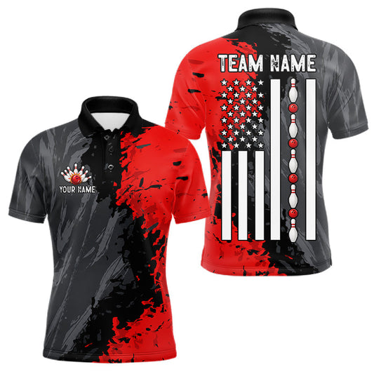 Maxcorners Black, Grey And Red Grunge Mens Bowling Shirts Custom US Flag Patriotic Team Jerseys, Bowling Gifts LM1406
