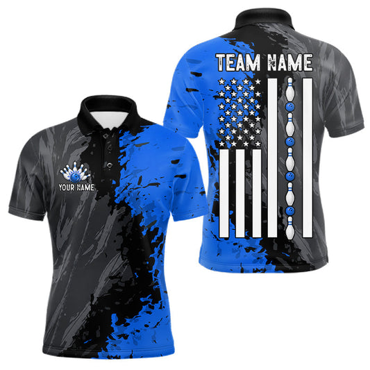 Maxcorners Black, Grey And Blue Grunge Mens Bowling Shirts Custom US Flag Patriotic Team Jerseys, Bowling Gifts LM1406