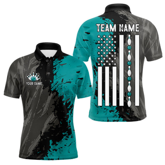 Maxcorners Black, Grey And Teal Grunge Mens Bowling Shirts Custom US Flag Patriotic Team Jerseys, Bowling Gifts LM1406