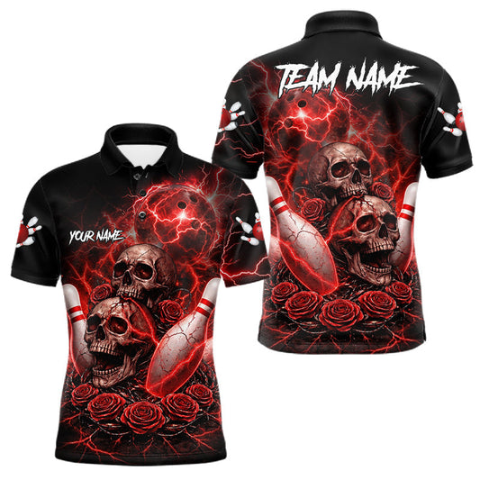 Maxcorners Red Strike Lightning Bowling Custom Team Shirts For Men, Skull Roses Outfit Bowling Team Jersey LM1705