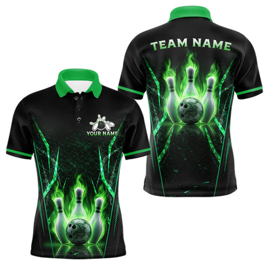 Maxcorners Custom Green Flaming Mens Bowling Jerseys Personalized Bowling Team Shirts For Bowlers