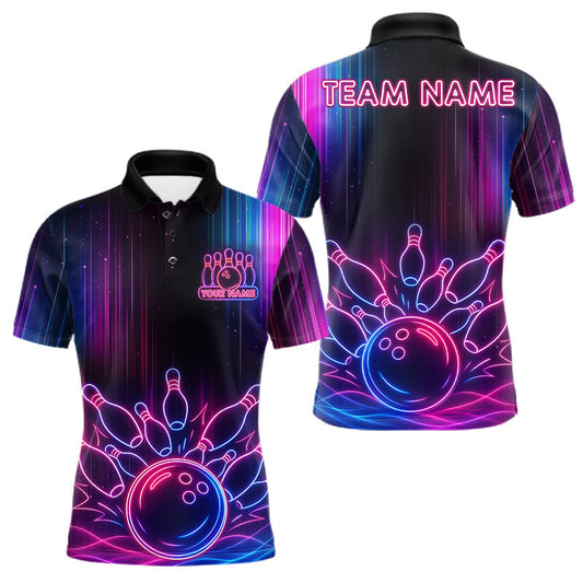 Maxcorners Pink And Blue Neon Lightning Bowling Polo & 1/4-Zip Shirt For Men Custom Team Bowling Jersey LM1705