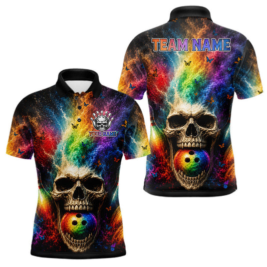 Maxcorners Colorful Smoke Skull Bowling Polo Quarter Zip Shirts For Men Custom Butterfly Skull Bowling Team Jersey
